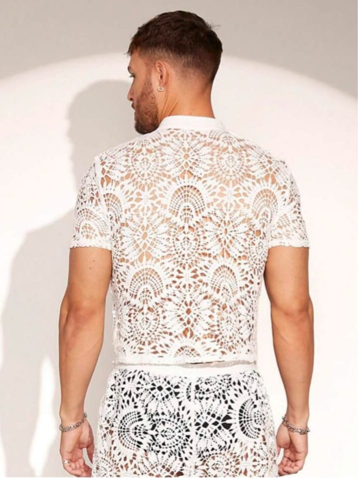 Men's Water Soluble Lace Short Sleeve Polo Sleepwear